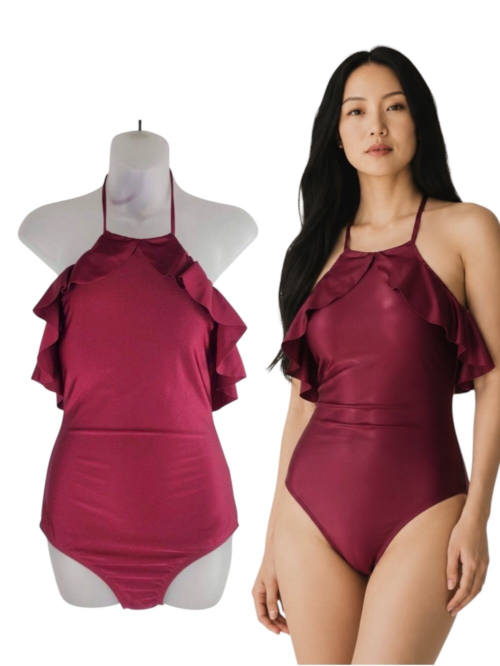 NEW Shoshanna Swimwear Syrah Ruffle Halter 1 Piece Red Size 4